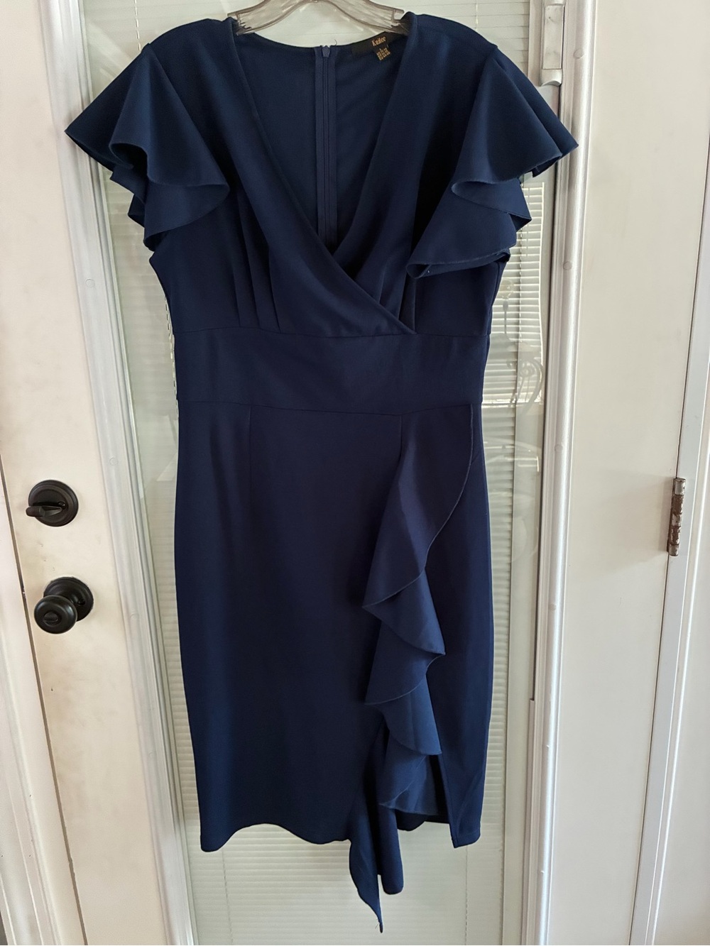 Flutter-Sleeve Navy Midi Wrap Dress with Cascade Ruffle
